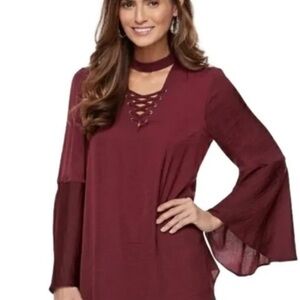 Jennifer Lopez Maroon Tie Up Satin Blouse